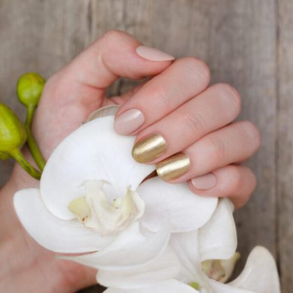 Female hands with gold nail design holding white rorchid.